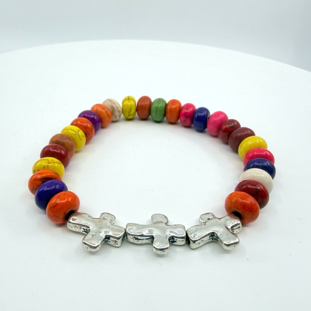 VTG Rainbow Beaded Stretch Bracelet with Silver Tone Cross Accent Boho